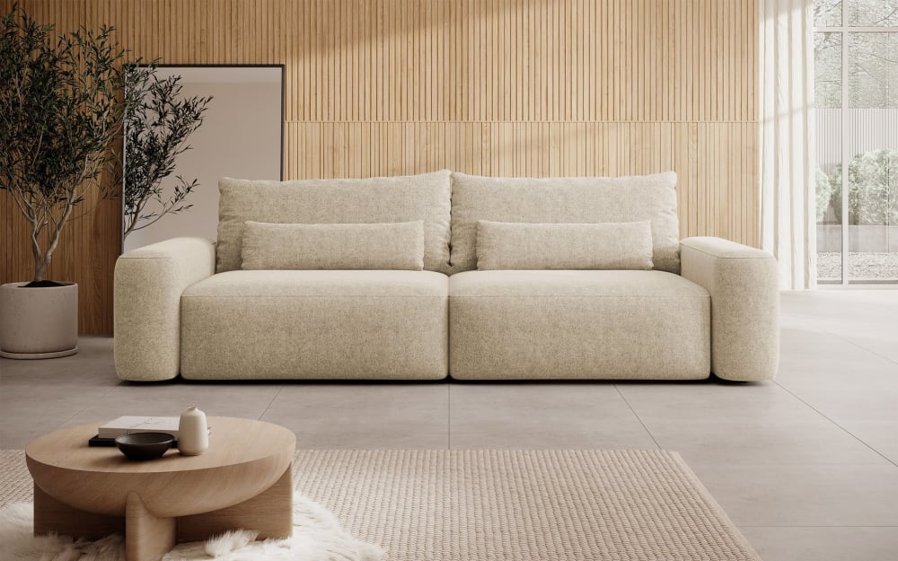 3-Sitzer Schlafsofa, beiger Chenille-Stoff, schwarze Beine -