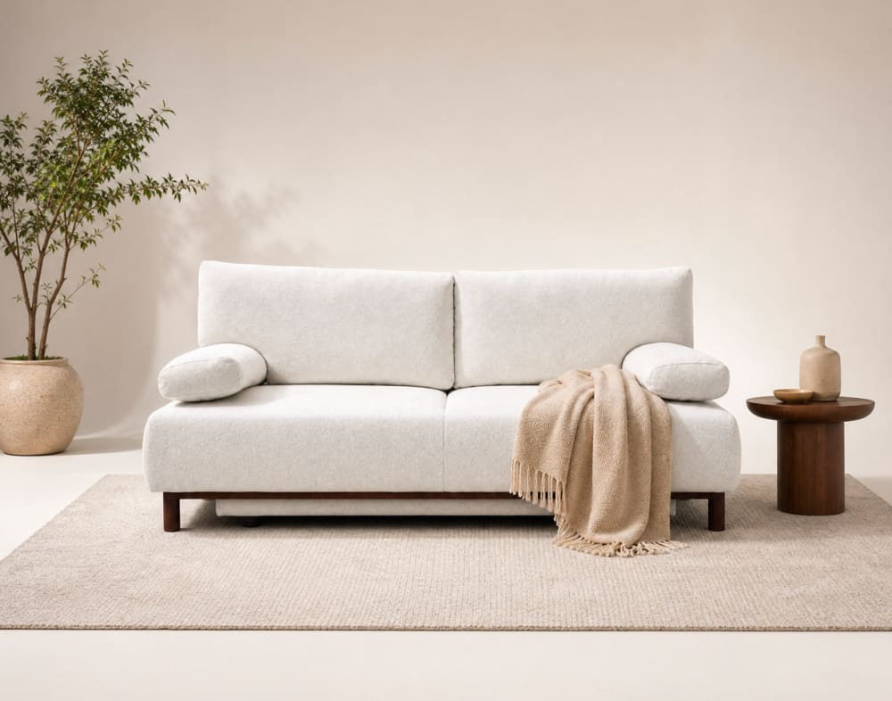 Canapé droit convertible 3 places en velours texturé beige