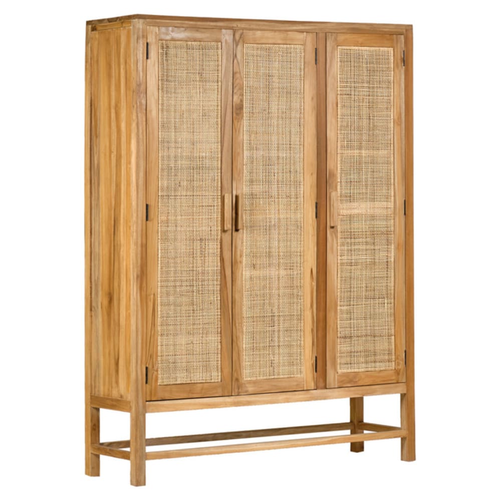 Armoire 3 portes teck massif et cannage rotin h. 180 cm Armoire 3 portes teck massif et cannage rotin h. 180 cm