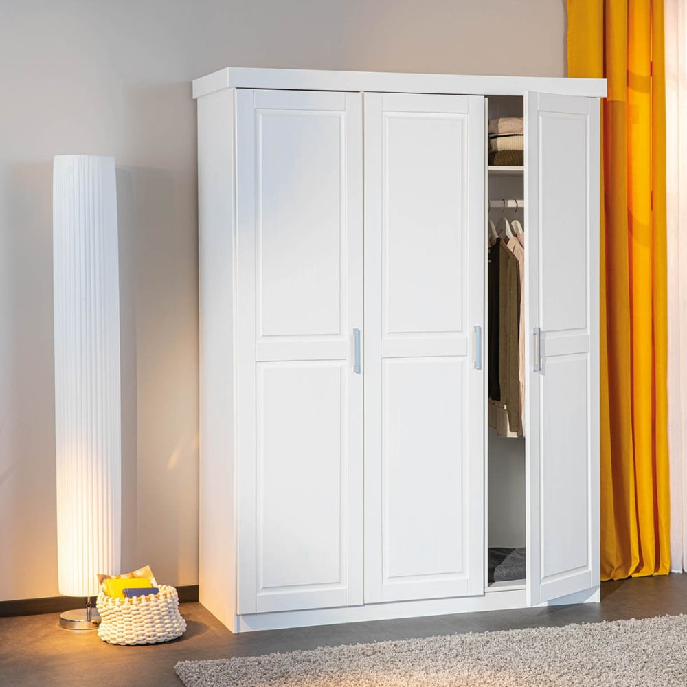 Armoire  3 portes + penderie bois massif vernis blanc