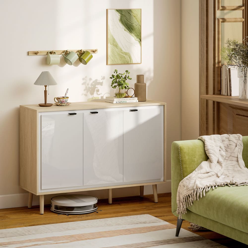 Buffet haute brillance 3 portes panneau de particules et mdf blanc