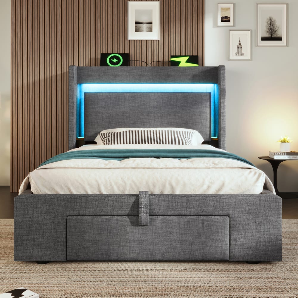 MODFU Polsterbett mit Stauraum, LED, USB/USB-C 90x200 Grau style modern GRAU LEINEN Baby