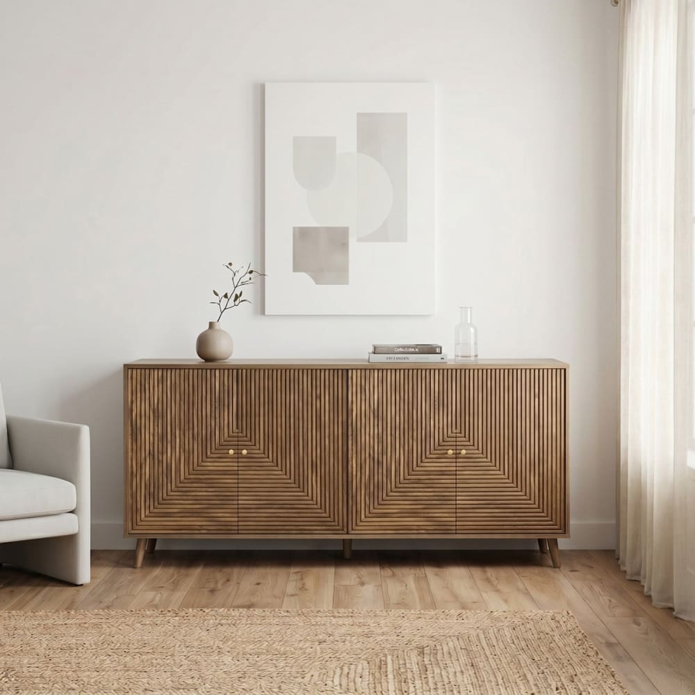 Buffet 4 portes façades lamellées l156 cm - bois clair