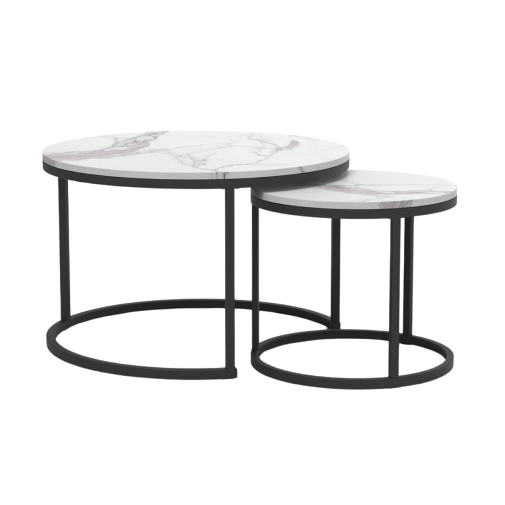 Calicosy Set aus 2 Stapeltische - L70 cm - Marmordekor und Schwarz style industrial Braun Spanplatte
