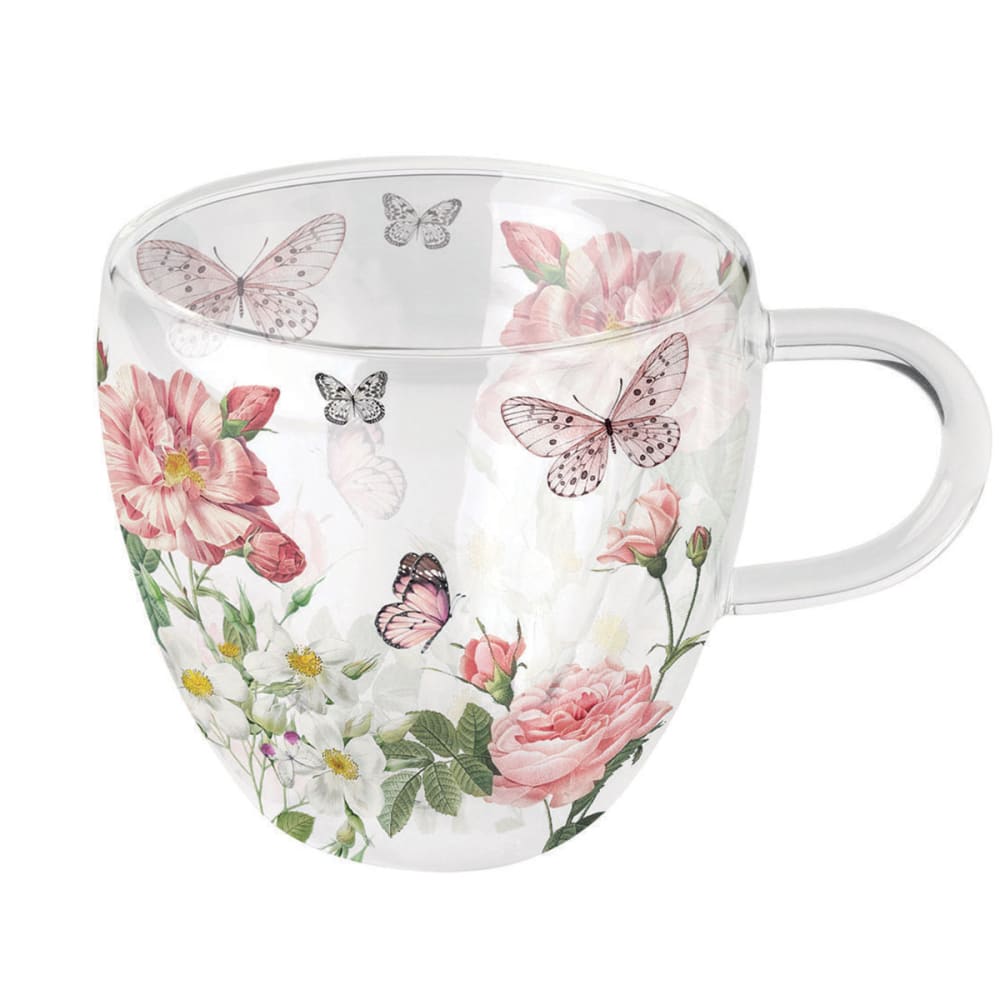 Tasse à thé en verre double paroi papillons et fleurs roses