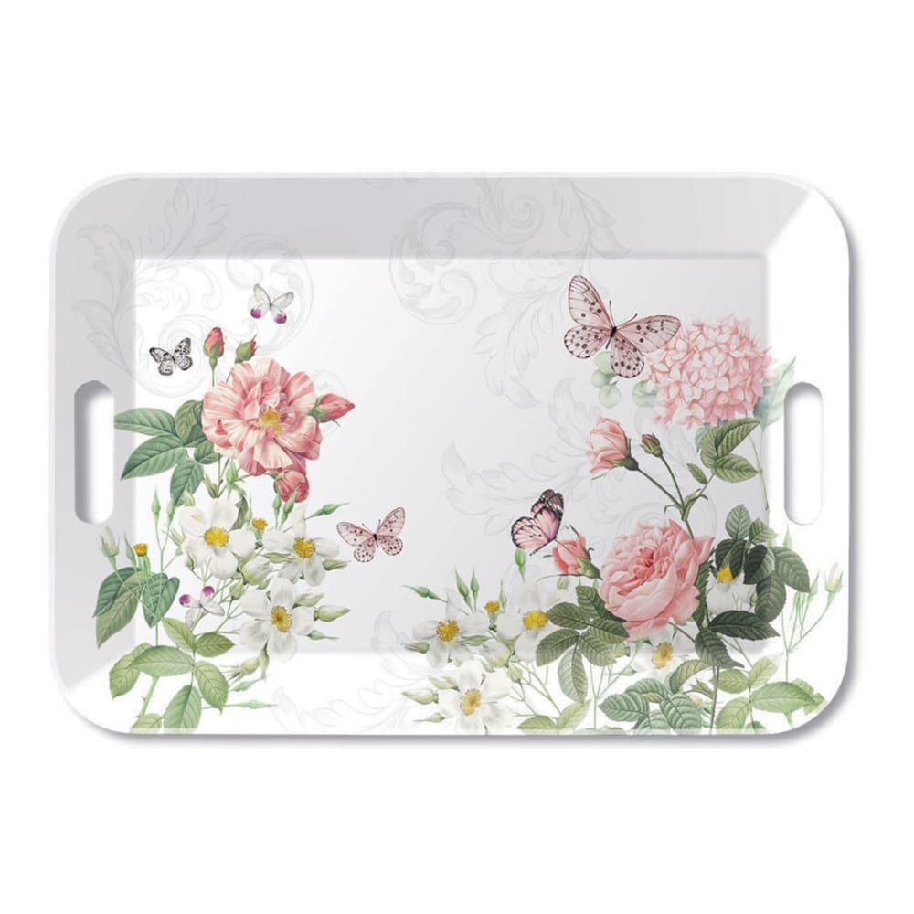 Plateau rectangulaire en mélamine fleurs anglaises et papillons Plateau rectangulaire en mélamine fleurs anglaises et papillons