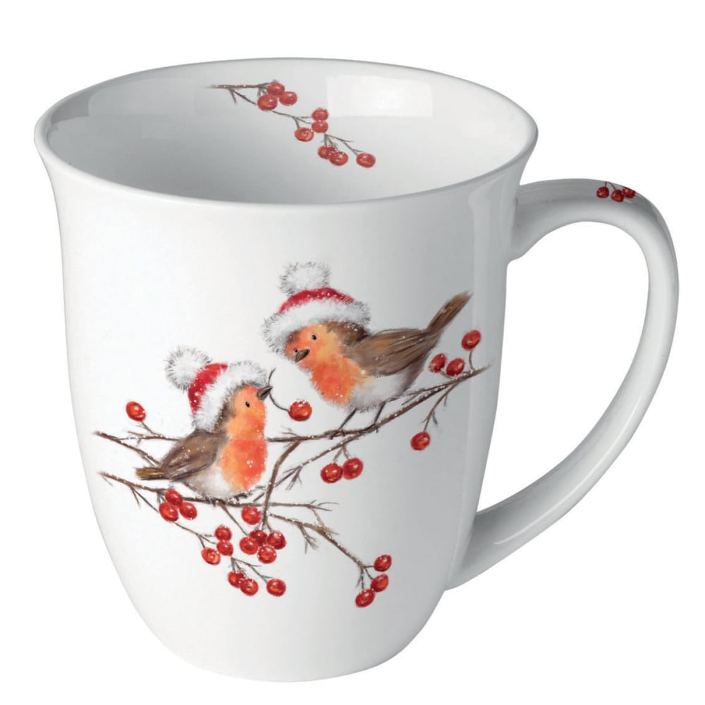 Mug en porcelaine fine rouge-gorges de noël