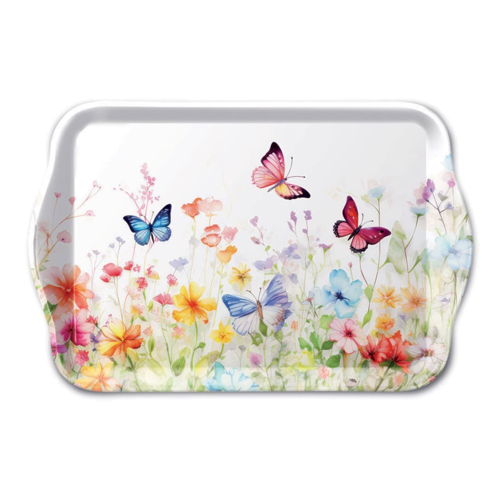 Mini plateau rectangulaire en mélamine fleurs et papillons Mini plateau rectangulaire en mélamine fleurs et papillons