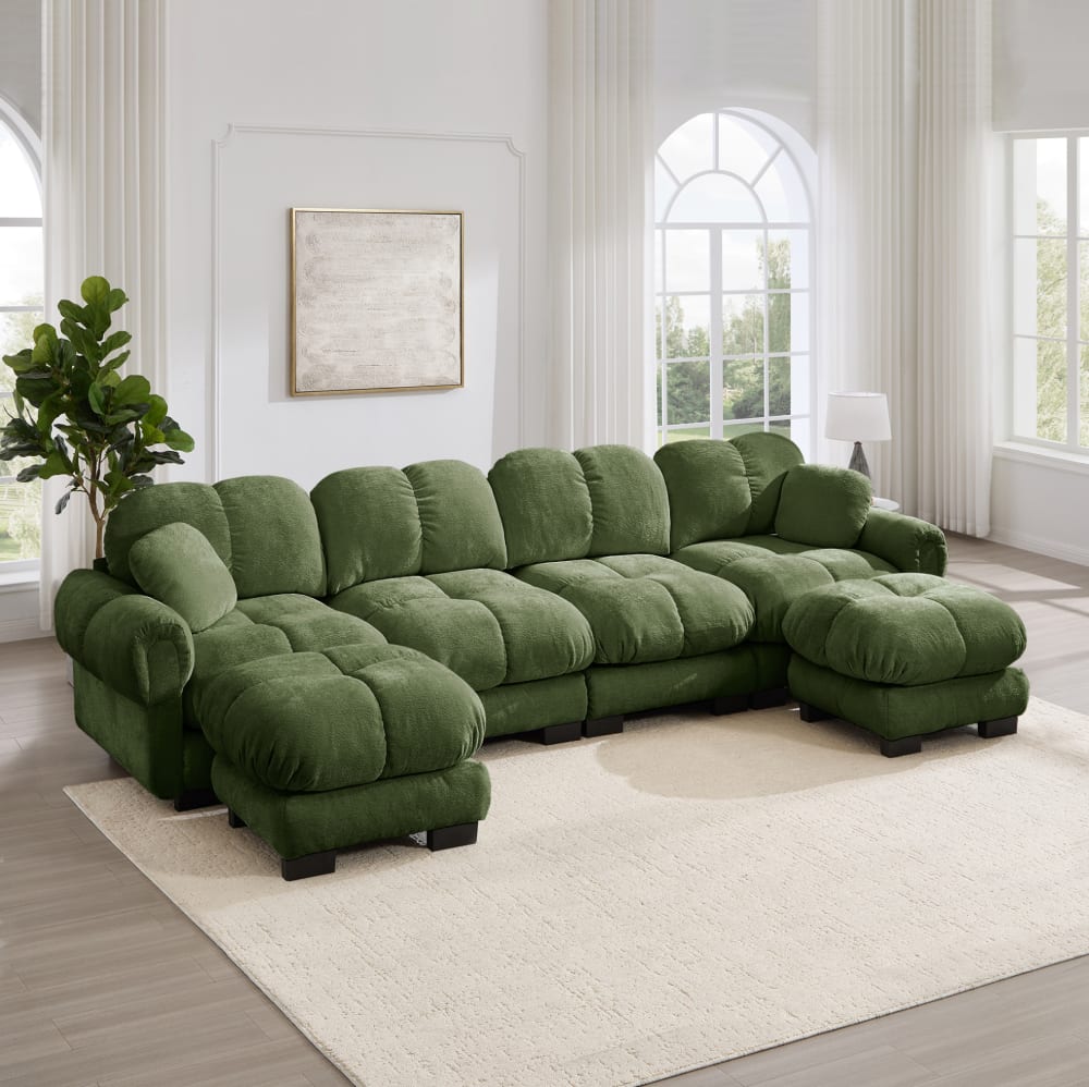 Modulares Ecksofa aus Chenille mit 2 Ottomanen, grün - Maisons Du