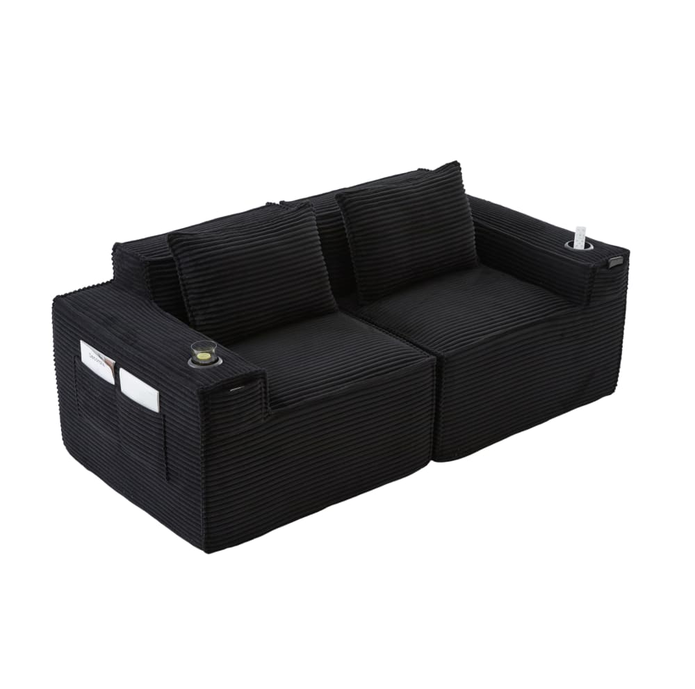 2-Sitzer-Sofa aus Kord mit Getränkehaltern 188x90x75 cm, schwarz
