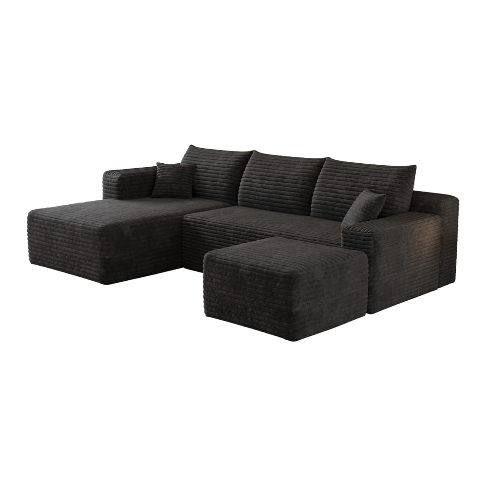 Canapé d'angle compressé en tissu côtelé noir avec méridienne 241 cm Canapé d'angle compressé en tissu côtelé noir avec méridienne 241 cm