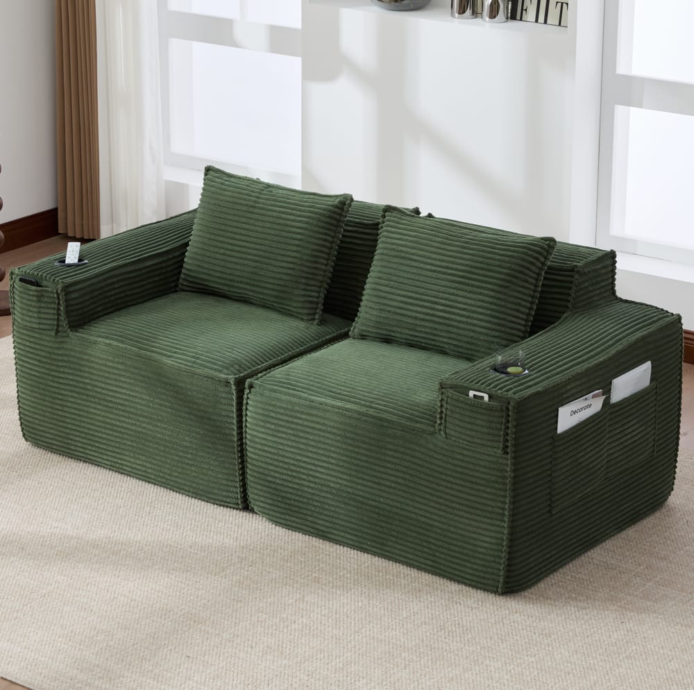 OKWISH 2-Sitzer-Sofa aus Cordstoff mit Getränkehaltern 188x90x75 cm, grün style modern - -