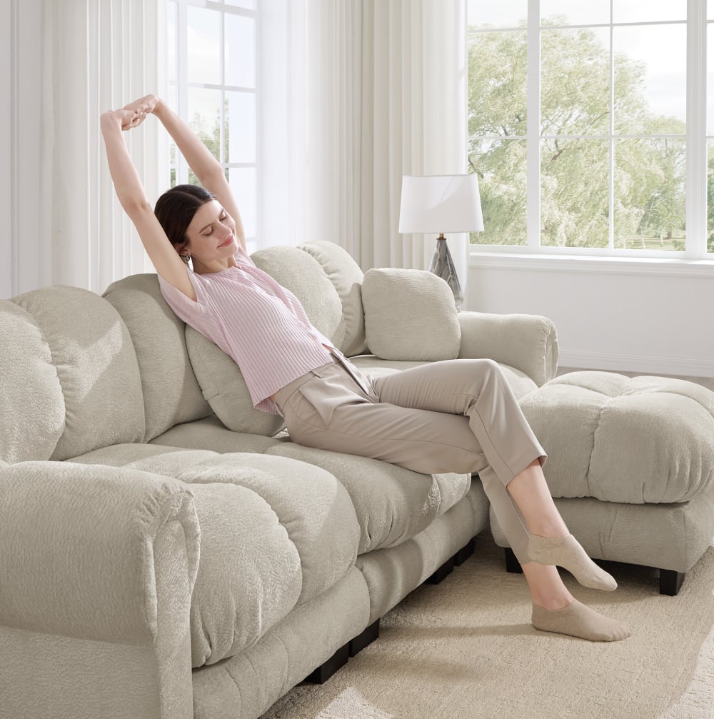 Ecksofa aus Chenille mit Ottomane und Steppdesign, hellkhaki -
