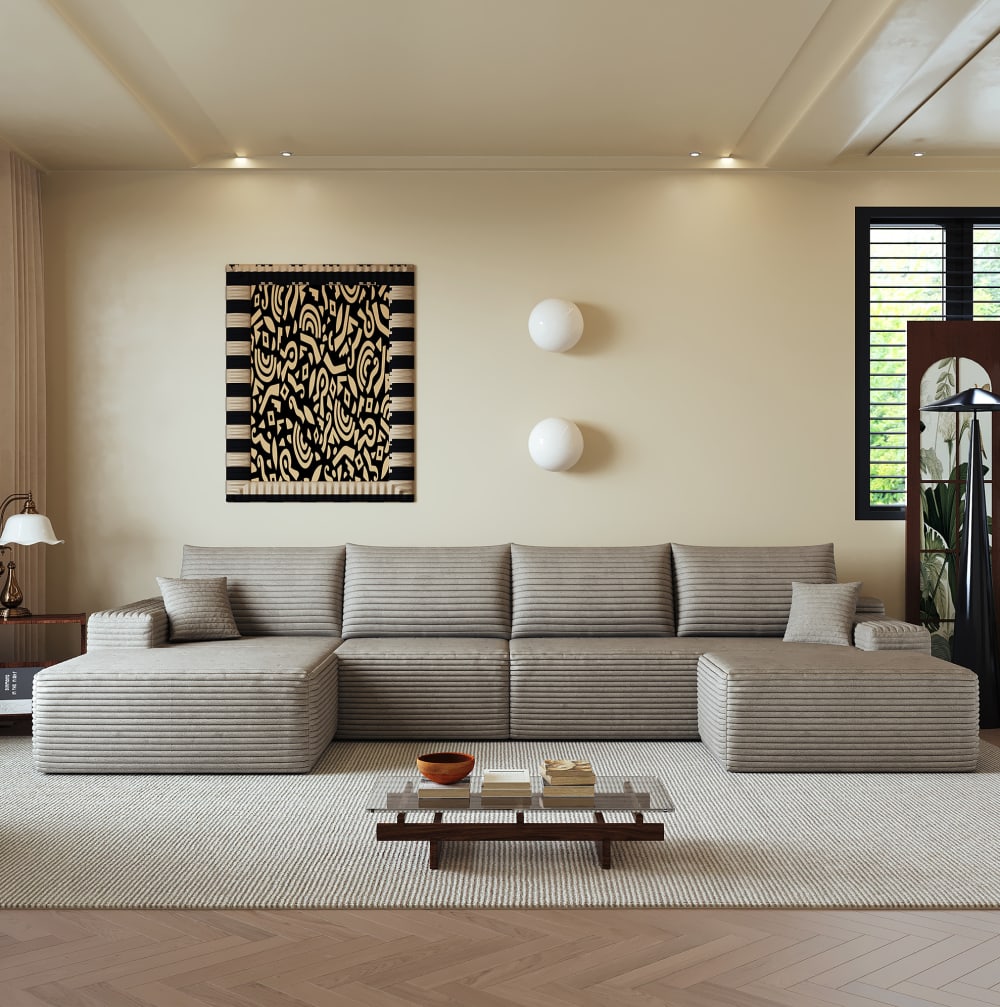 Ecksofa komprimiert aus Stoff modular ohne Montage 340 cm, camel