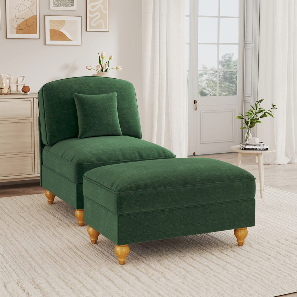 Sessel aus Chenille mit abnehmbarem Volant und Hocker, grün -