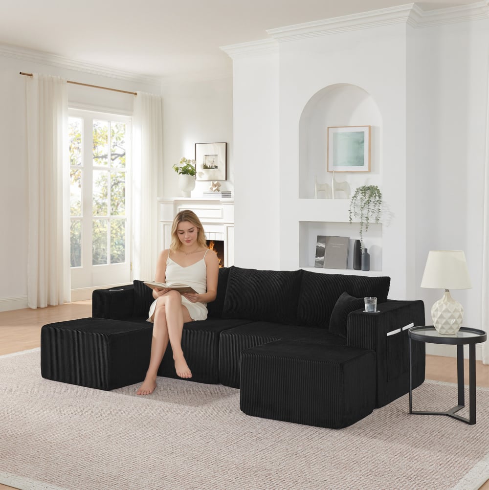 3-Sitzer Ecksofa aus Schaumstoff mit Ottomanen, schwarz - Maisons