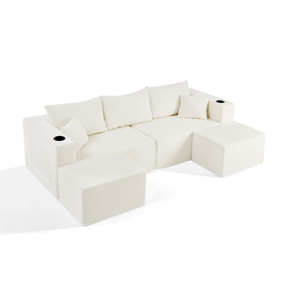Canapé d'angle 3 places en velours côtelé beige avec ottomanes