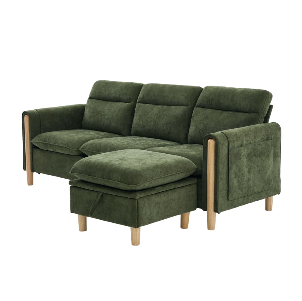Canapé d'angle 3 places en chenille verte avec rangement 201x77x86 cm