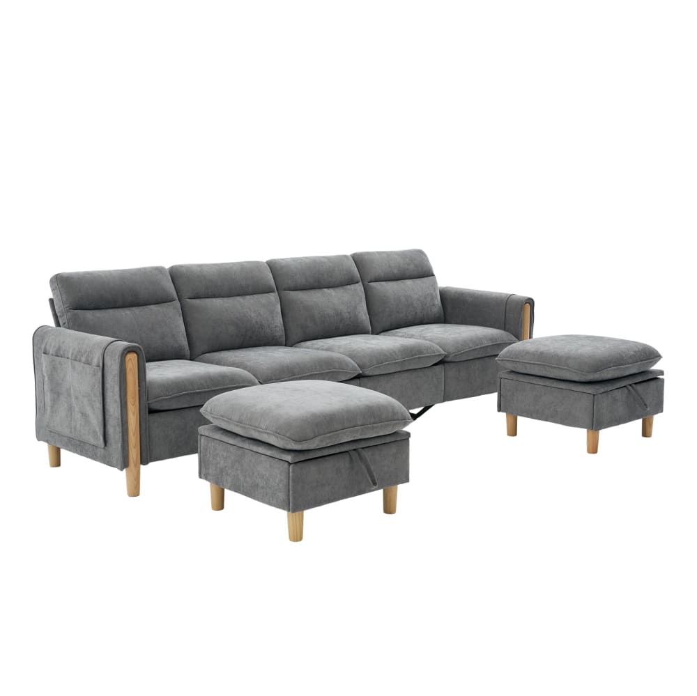 Canapé 4 places en chenille gris clair avec rangements 261x77x86 cm