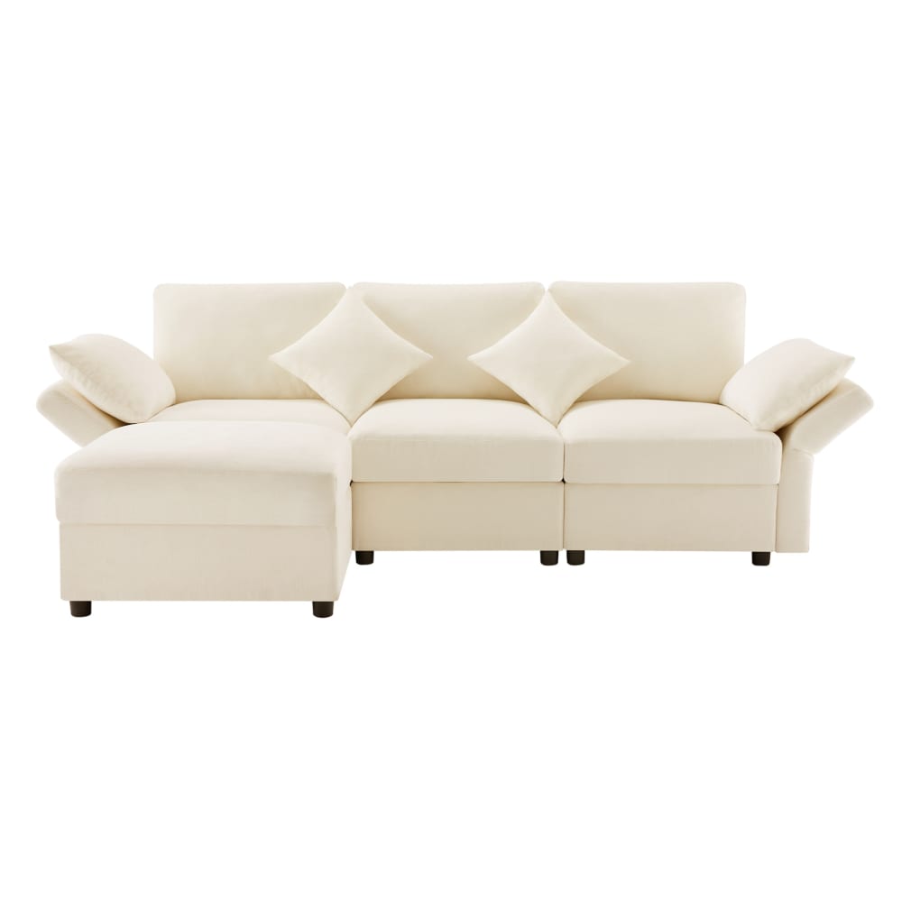 Canapé d'angle en chenille beige avec pouf 218x156,5x86 cm Canapé d'angle en chenille beige avec pouf 218x156,5x86 cm