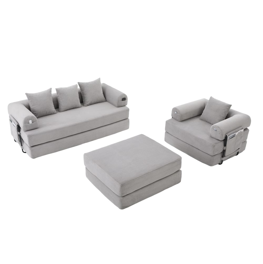Canapé 4 places en velours - gris pouf