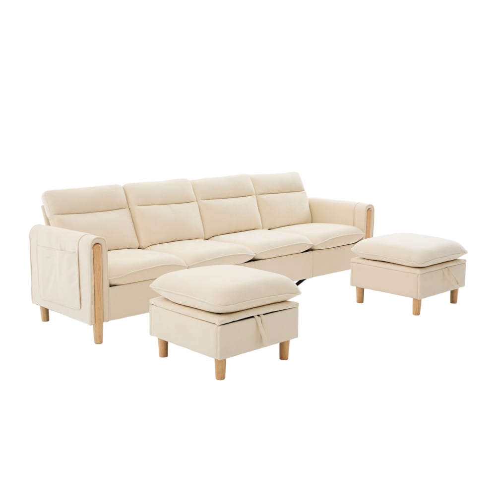 Canapé en chenille beige avec 2 repose-pieds coffre 261x77x86 cm