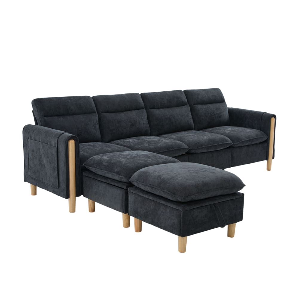 Canapé en chenille noire avec 2 repose-pieds 261x77x86 cm