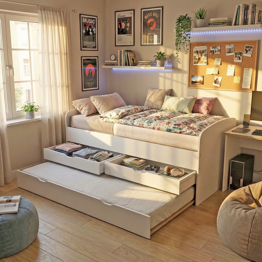 Schlafsofa 90 x 190 cm mit 2 Schubladen und Bettkasten, weiß -