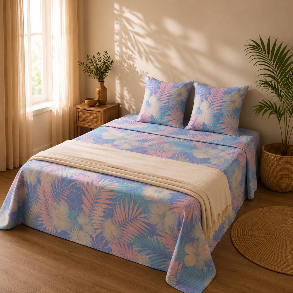 Parure de lit tropicale – drap 240x310 cm + 2 taies 60x60 cm - bleu