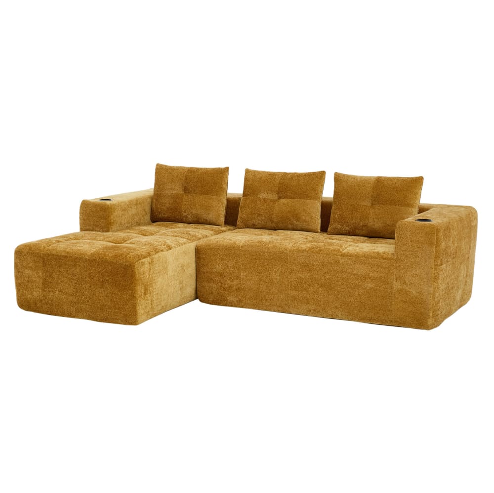 Canapé d'angle compressé en chenille jaune avec porte-gobelets