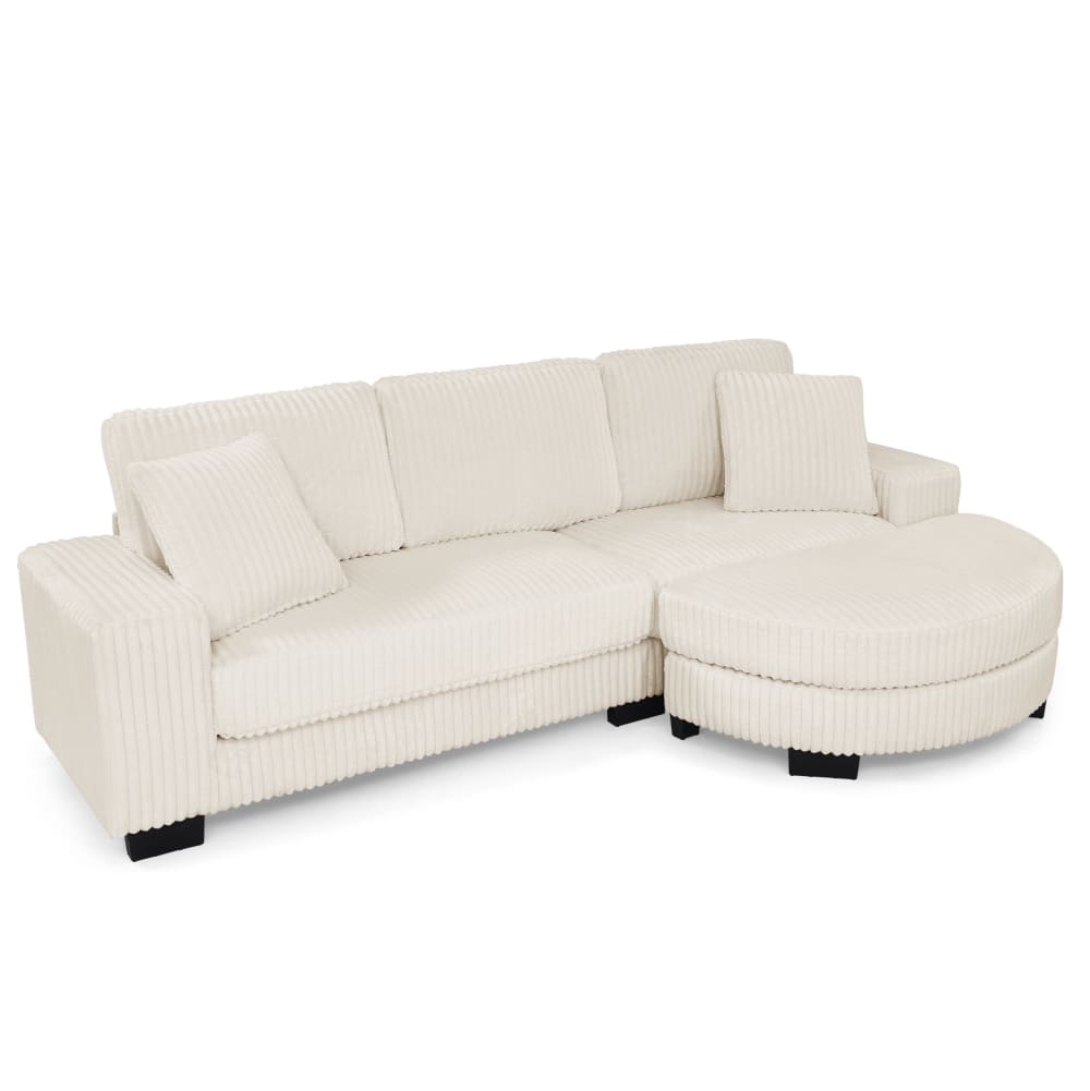 Canapé d'angle côtelé - beige pouf