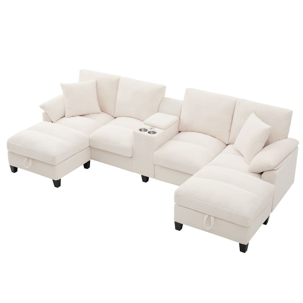 Canapé en u en velours côtelé beige avec rangement 293x142x93 cm Canapé en u en velours côtelé beige avec rangement 293x142x93 cm