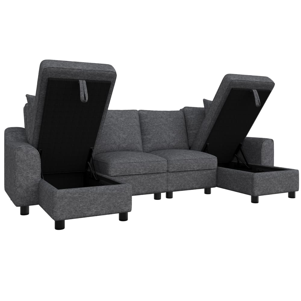Canapé u chenille - rangement gris