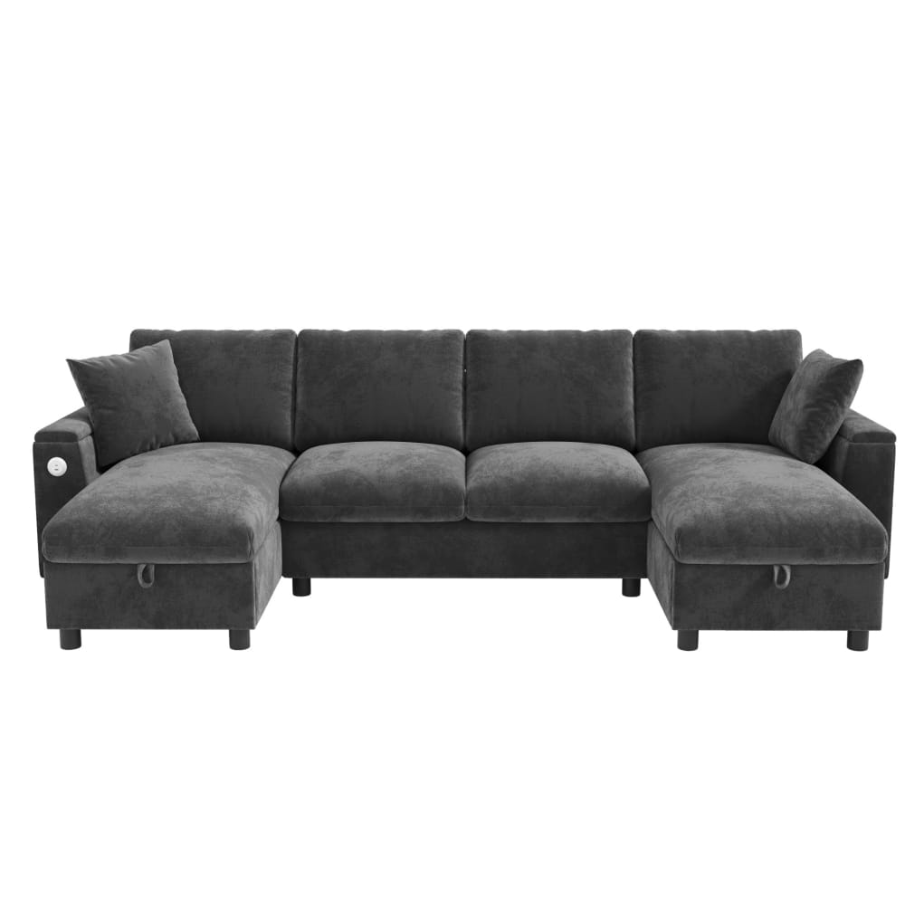Canapé en u en chenille gris avec rangement et usb 279x132x84 cm Canapé en u en chenille gris avec rangement et usb 279x132x84 cm