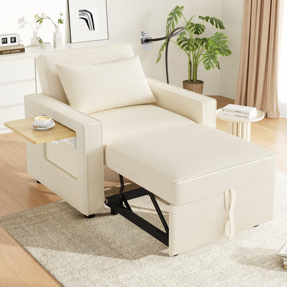 Fauteuil convertible en velours côtelé beige avec usb 150x93x85 cm