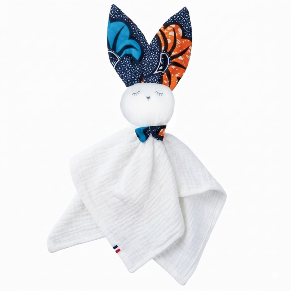 Doudou lapin personnalisable en gaze de coton bleu