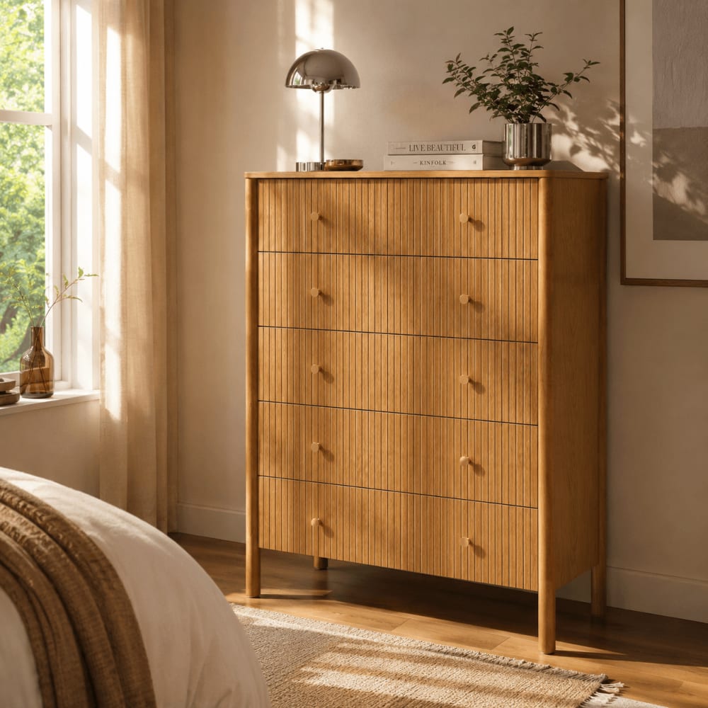Commode placage chêne 5 tiroirs 90cm
