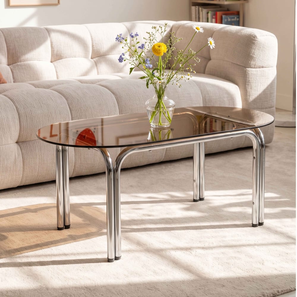 Table basse ovale en verre trempé marron