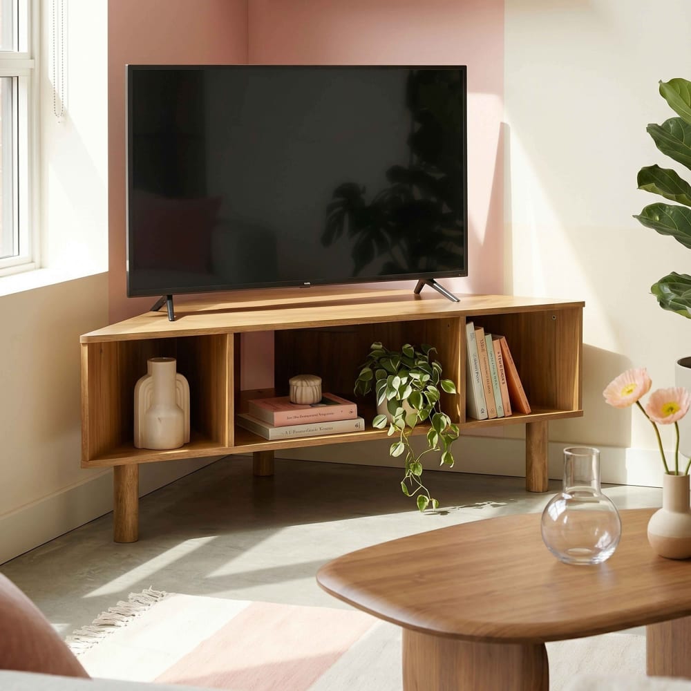 Meuble tv d'angle effet bois 120x55 cm style scandinave bois clair