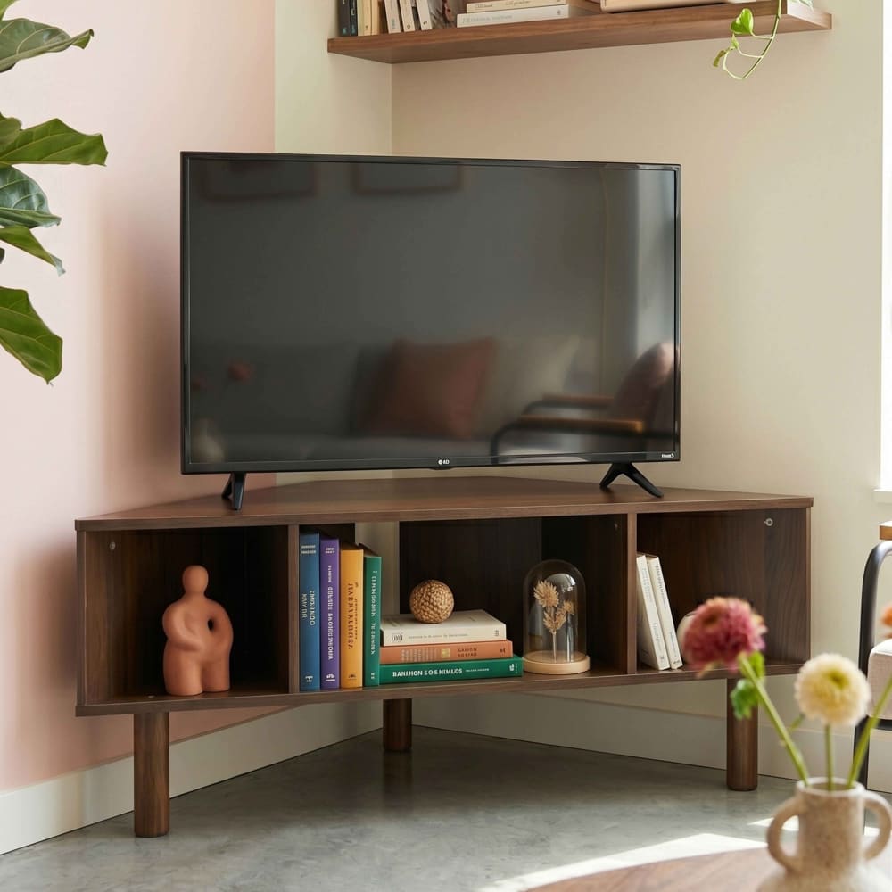 Meuble tv d'angle effet bois 120x55 cm style scandinave bois foncé