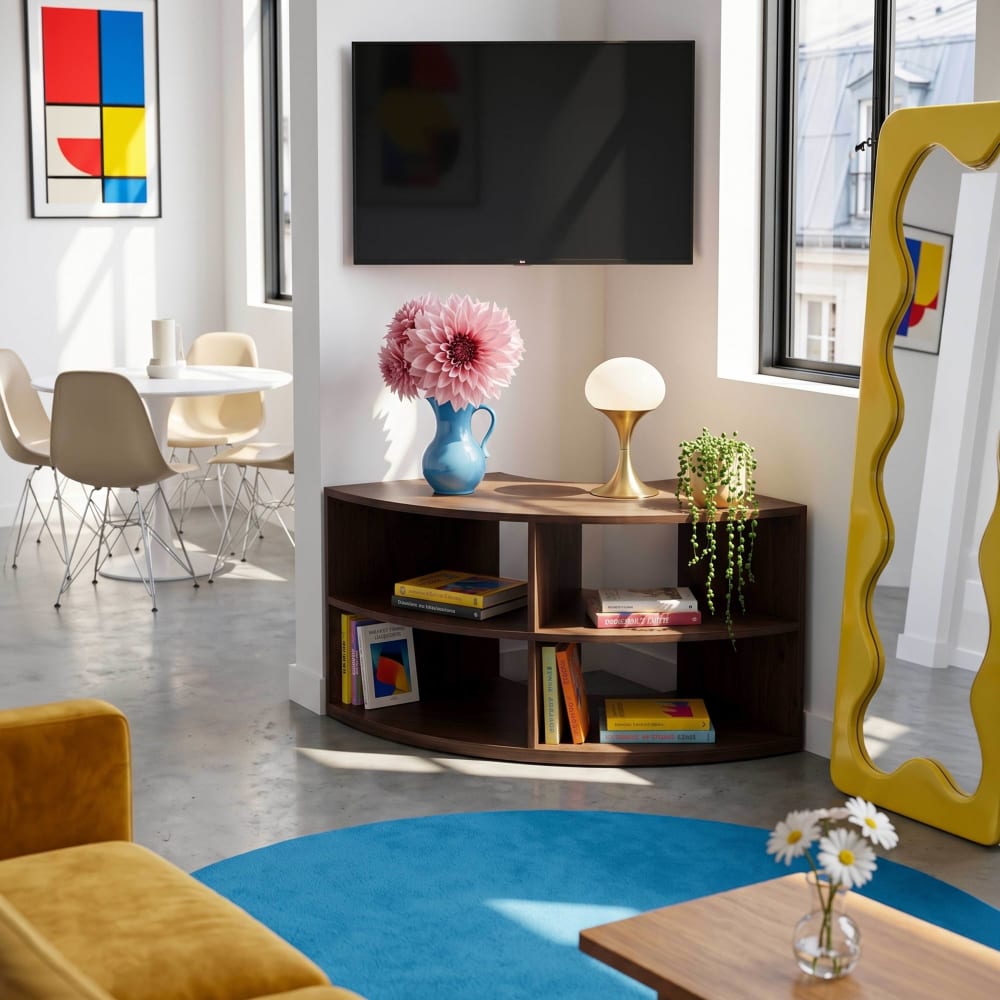 Meuble tv d'angle effet bois 120x59 cm style scandinave bois foncé