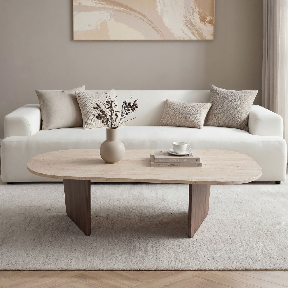 Table basse ovale en bois et effet travertin 130x65cm - beige