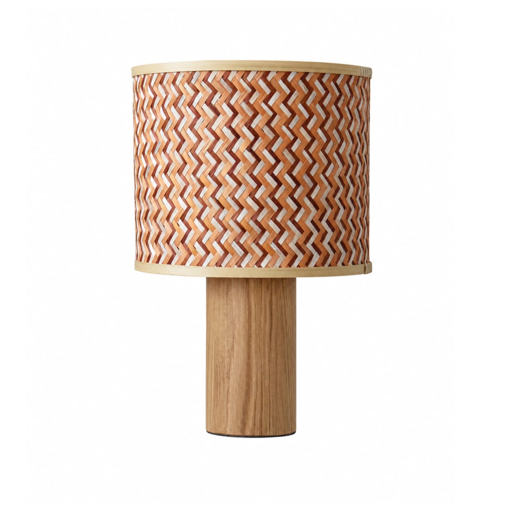 Grande lampe à poser bois de chêne, tressage en bambou crème et orange — vue 4