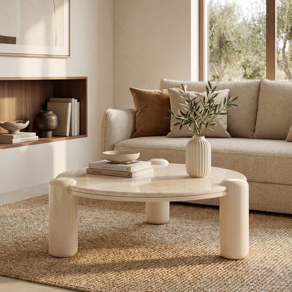 Marmor-Couchtisch mit beige lackierten Beinen, D86 cm - Maisons