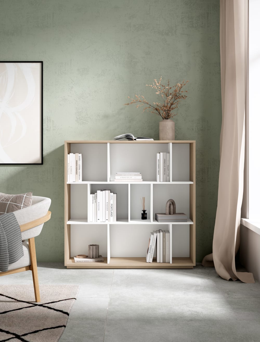 Bücherregal aus Melamin in Hell-Nussbaum und Weiß 117x119x32 cm -