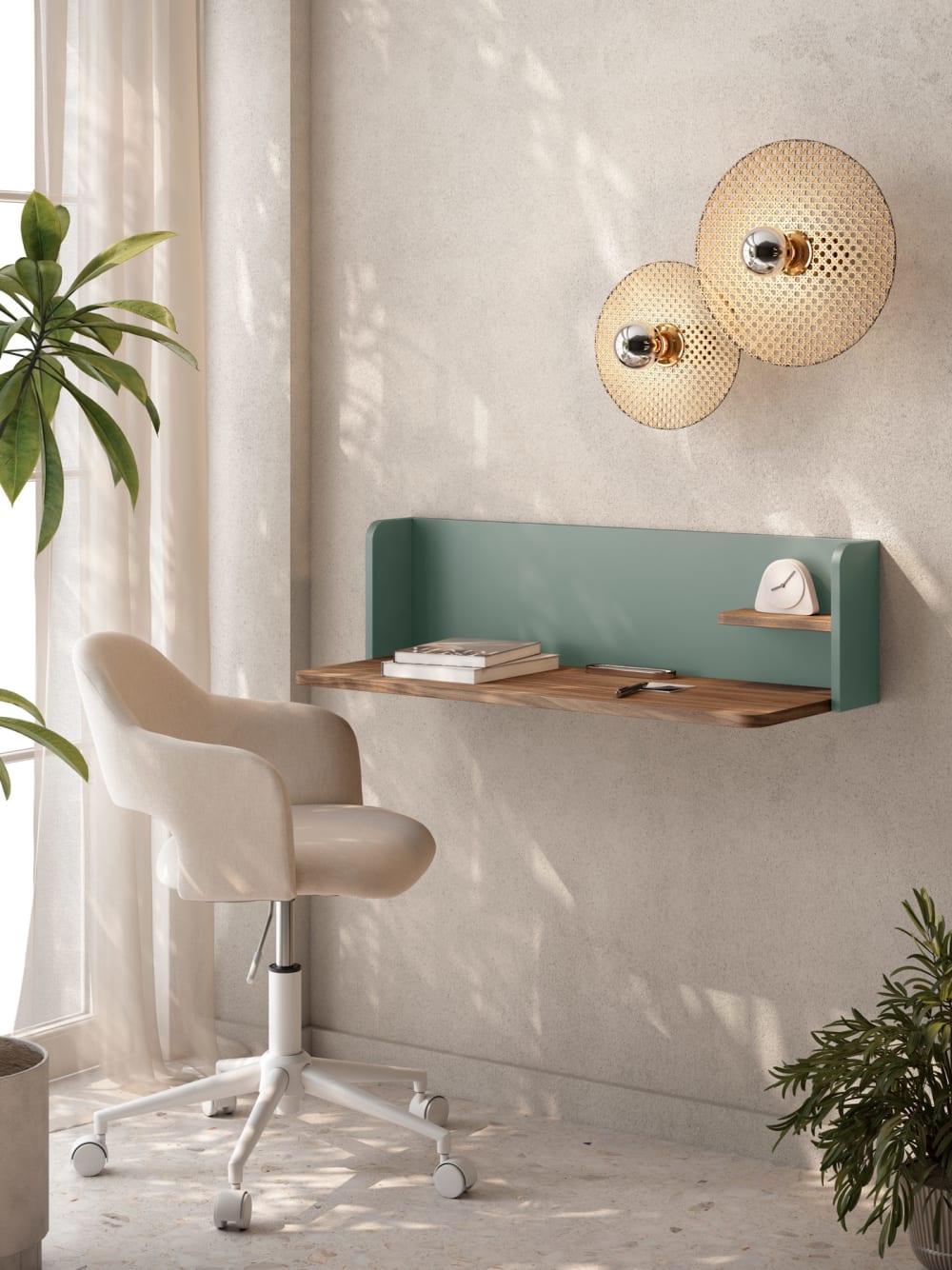 Bureau mural en placard noyer vert 25x90x35 cm
