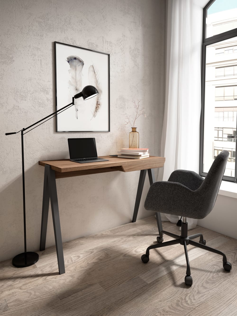 Bureau en hêtre et placard noyer pieds graphite 75x107x47 cm