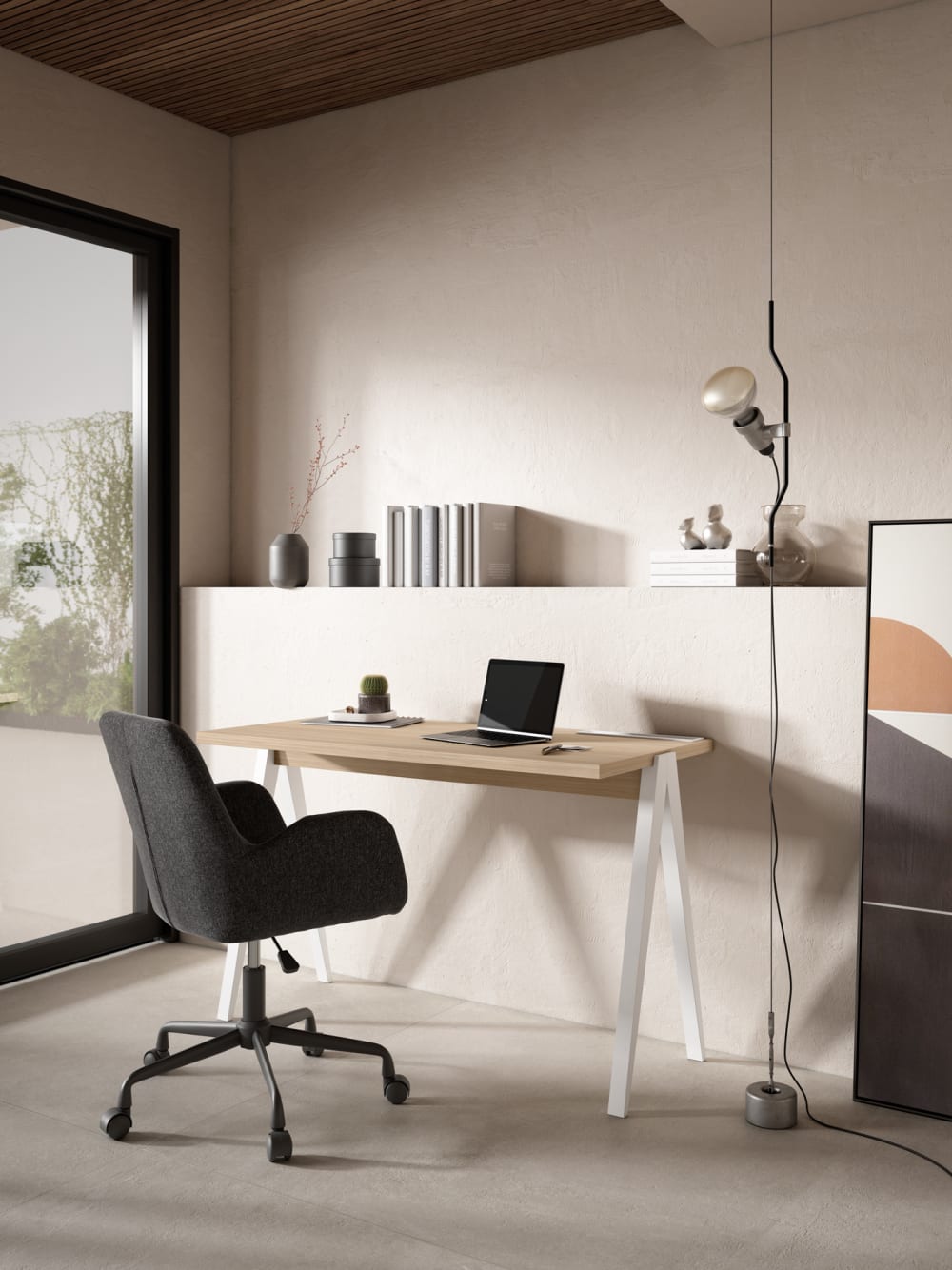 Bureau en hêtre et placard noyer clair pieds blanc 75x120x60 cm