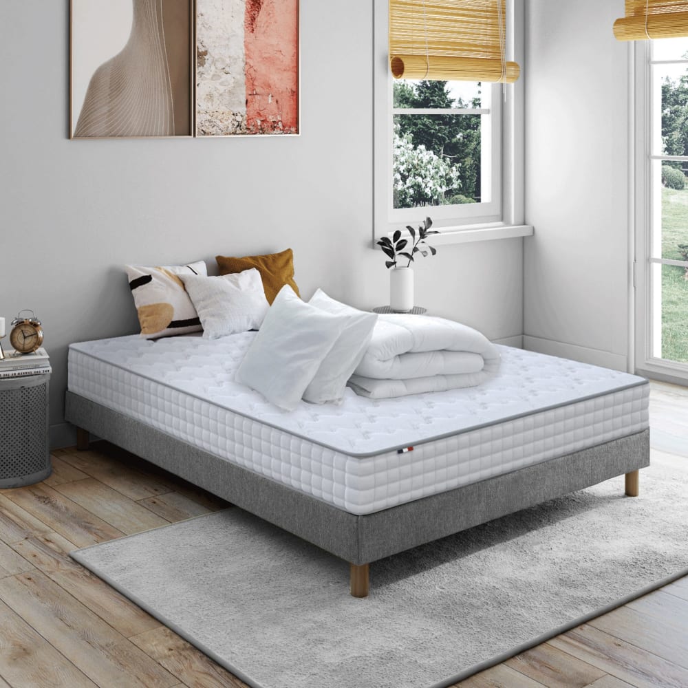 Pack matelas ressorts sommier gris couette et oreillers 160x200
