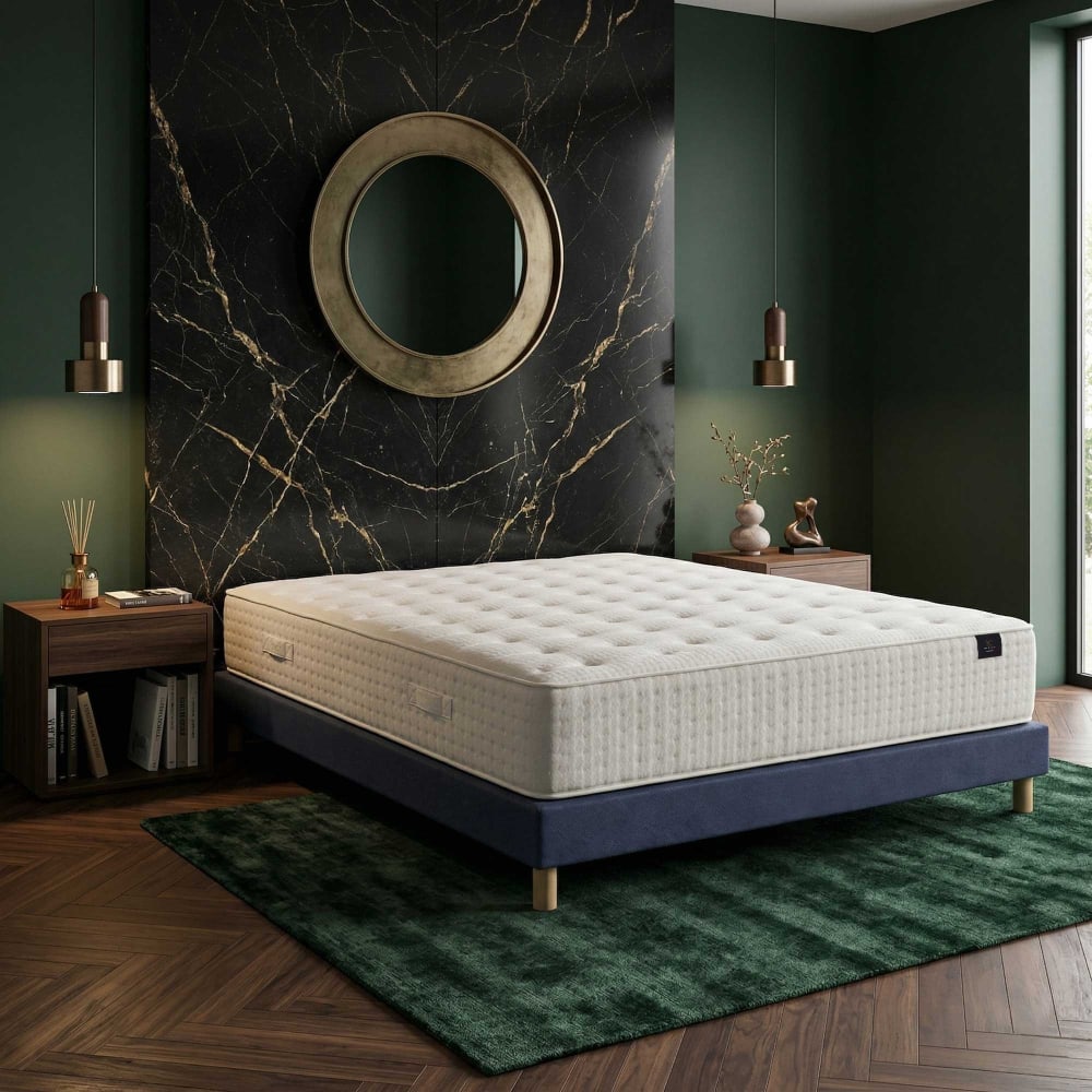 Matelas hybride helios mémoire de forme h31 cm sommier bleu